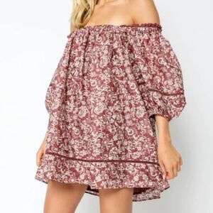 Olivaceous Avery Dress Boho Western Floral Lace Puff Short Sleeve Mini Medium